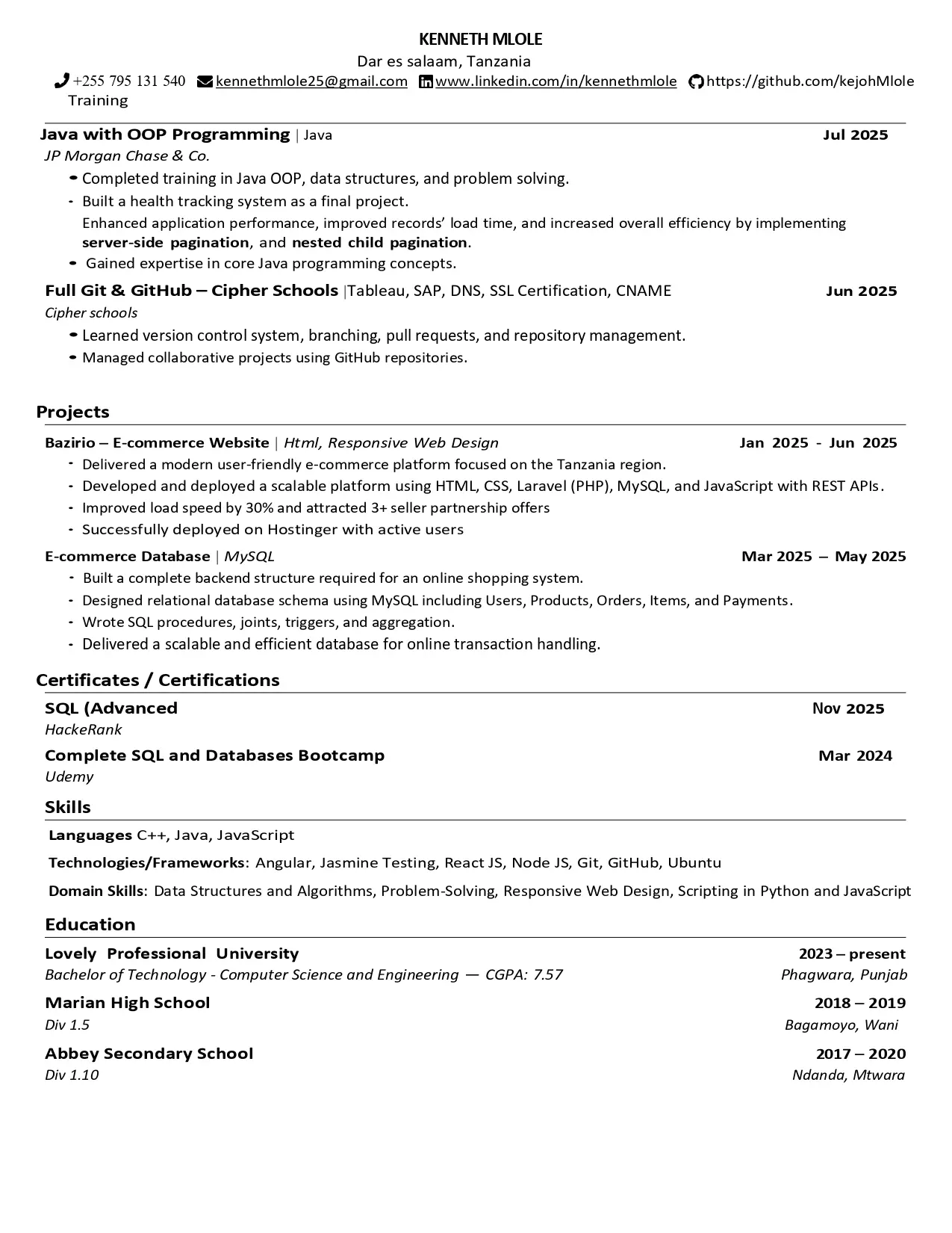 Specialised CV